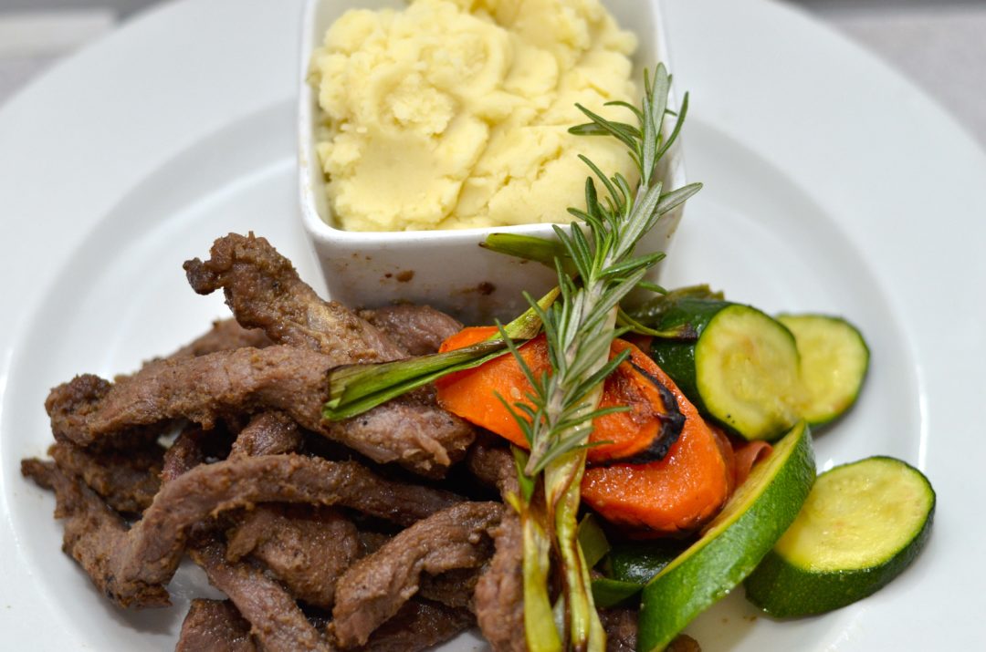 Beef Stroganoff with Potato Mash and Grilled Veggies