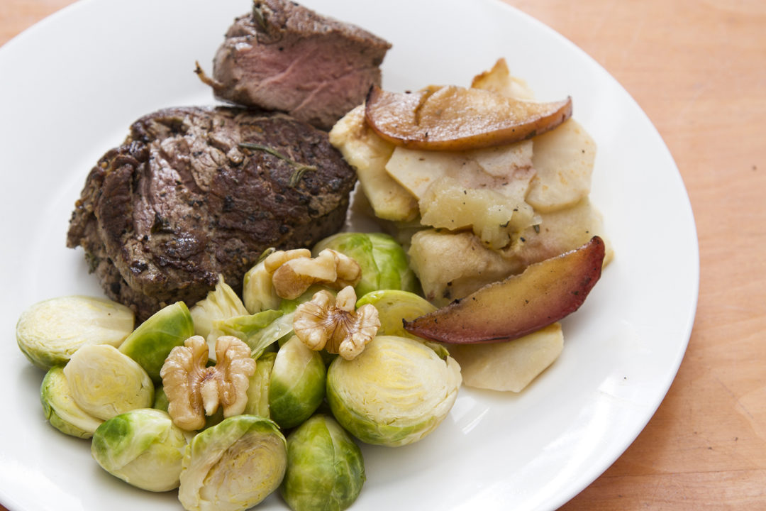 Banting Seared Beef Fillet, Apple & Celeriac Bake, and Steamed Brussels sprouts with Walnut_1